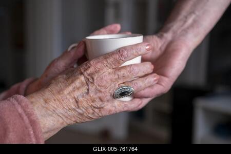 Hands of a senior citizen, help, care, handing a cup of tea, Upper Bavaria, Bavaria, Germany-stock-foto