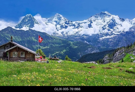 Lobhornhütte above Isenfluh with the Eiger triumvirate with the Eiger North Face, Mönch and Jungfrau, Lauterbrunnen, Bernese Alps, Bernese Oberland, Canton Bern, Switzerland-stock-foto
