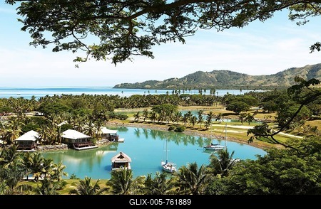 Waterfront bungalows, South Seas, Plantation Island or Malolo Lailai, Mamanuca Islands, Fiji-stock-foto