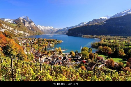 Views of the autumnal Weesen on Walensee, vineyard in the foreground, Weesen, Canton of St. Gallen, Switzerland-stock-foto