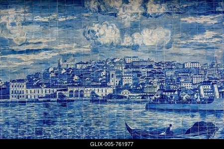Azulejos or wall tiles with a city view, Lisbon, Portugal-stock-foto
