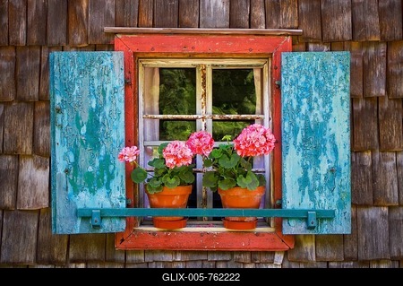 Flower window with geraniums, old farmhouse, Salzburg open-air museum, Grossgmain, Flachgau, Province of Salzburg, Austria-stock-foto