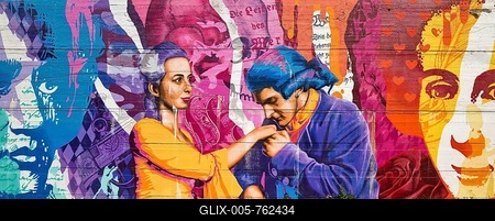 Brightly coloured graffiti on Lottehaus with Charlotte Buff and Johann Wolfgang von Goethe, The Sorrows of Young Werther, Wetzlar, Hesse, Germany-stock-foto