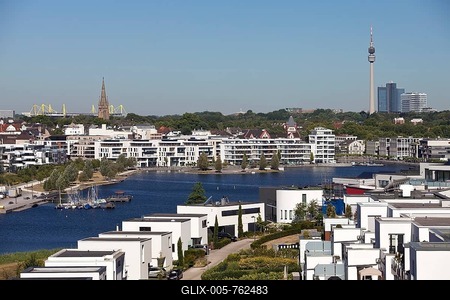 Phoenix lake, in the back Signal Iduna Park, BVB stadium and Florian Tower, Dortmund, Ruhr Area, North Rhine-Westphalia, Germany-stock-foto