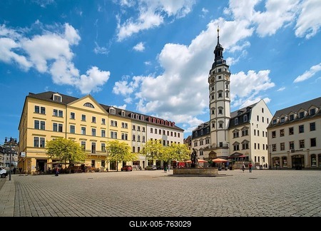 Market square with Renaissance town hall, and market fountain, Gera, Thuringia, Germany-stock-foto