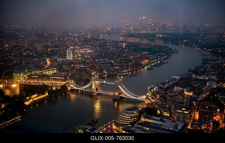 View of River Thames towards Canary Wharf, illuminated Tower Bridge with London City Hall, night shot, aerial view, London, England, United Kingdom-stock-foto
