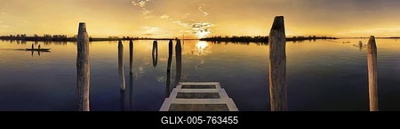 Sunset at the landing stage in Cavallino Harbour, fishing boat, Venice, Italy-stock-foto