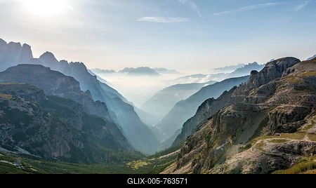 Mountain silhouettes, view of the valley towards Giralba, hiking trail around the Three Peaks of Lavaredo, Sexten Dolomites, South Tyrol, Trentino-South Tyrol, Alto-Adige, Italy-stock-foto