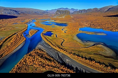 Aerial view of river delta with mountains in autumn, Rapadalen and Nammatj, Laponia, Lapland, Sweden-stock-foto