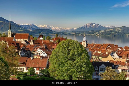View of the town with Zytturm tower and church, old town with Lake Zug, Pilatus at the back, Zug, Canton Zug, Switzerland-stock-foto