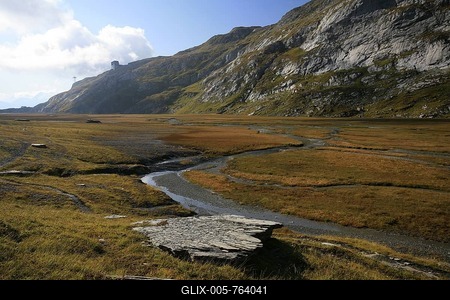 Flood plain with a meandering glacial river in the UNESCO World Natural Heritage Site, Glarus thrust, Swiss Tectonic Arena Sardona, Segnesboden, Flims, Graubuenden, Switzerland, Europe-stock-foto