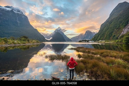 Tourist looking at the landscape, Miter Peak reflected in the water, sunset, Milford Sound, Fiordland National Park, Te Anau, Southland Region, Southland, New Zealand, Oceania-stock-foto