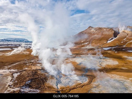 Aerial view, steaming river and fumaroles, geothermal area Hverarönd, also Hverir or Namaskard, North Iceland, Iceland-stock-foto