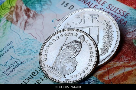 Swiss coins on banknotes, Switzerland-stock-foto