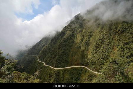 Death Road, meanders through subtropical rainforest, Camino de la Muerte, North Yungas Road between La Paz and Coroico, Bolivia-stock-foto