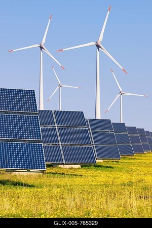 Digital Composing, solar park, photovoltaic outdoor installation, solar modules, solar power plant, wind power, wind turbines, Bavaria, Germany-stock-foto