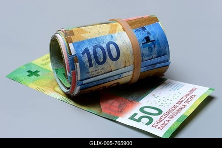 Swiss banknotes, rolled with elastic band, series 9, Switzerland-stock-foto