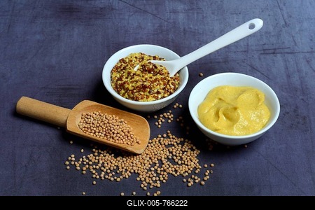 Grainy and fine mustard in bowls, mustard seeds and wooden ladle, Germany-stock-foto