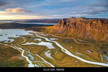 View from Skierffe mountain over the autumnal Rapadalen river delta, morning atmosphere, Rapaälv river, Sarek National Park, Laponia, Lapland, Sweden-stock-foto