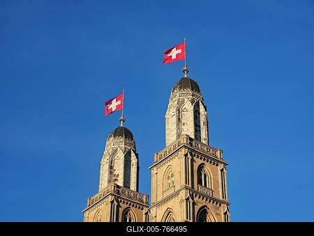 Towers with Swiss flag from Grossmünster, Zurich, Canton Zurich, Switzerland-stock-foto