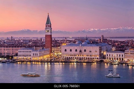 Waterfront with Campanile and Doge's Palace in front of the Alpine chain at dusk, Venice, Veneto, Northern Italy, Italy. UNESCO World Heritage Site-stock-foto
