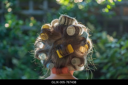Woman's head from behind with curlers, Bavaria, Germany-stock-foto