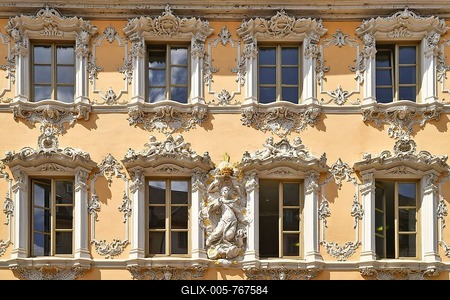 Würzburg, Germany, June 2022: Facade of public library with stucco decoration in Rococo architecture style in building called Haus zum Falken-stock-foto