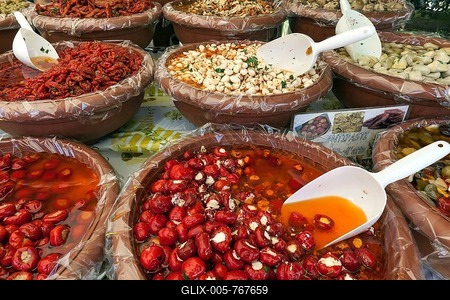 Antipasti at a market stall in Cannobio, Lago Maggiore, Verbano-Cusio-Ossola province, Piedmont region, Italy-stock-foto