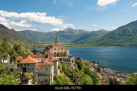 Pilgrimage church Madonna del Sasso, Lake Maggiore and mountains, Orselina, Locarno, Canton of Ticino, Switzerland-stock-foto