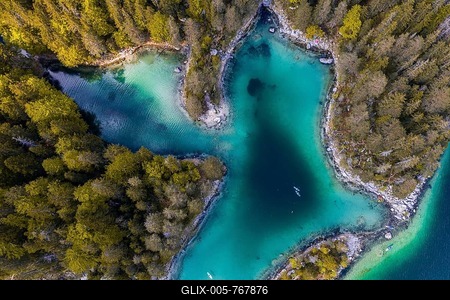 Aerial view, islands and forested shores from above, Eibsee lake near Grainau, Upper Bavaria, Bavaria, Germany-stock-foto