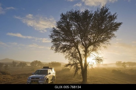 Toyota Hilux jeep in morning mist in the desert near Sossusvlei, Namibia, Africa-stock-foto