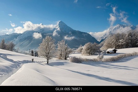 Winter landscape with view of the Watzmann, Hochkalter on the right, Bischofswiesen National Park Berchtesgaden, Berchtesgadener Land, Upper Bavaria, Bavaria, Germany-stock-foto