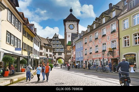 Freiburg, Germany, April 2022: Tower of old city gate called 'Schwabentor' in historic city center-stock-foto