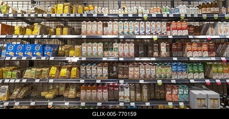 Shelves with different types of milk in tetra packs in an organic supermarket, Lower Saxony, Germany-stock-foto