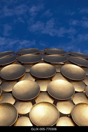 Golden bowls, Matrimandir or Matri Mandir meditation centre, Auroville near Pondicherry or Puducherry, Tamil Nadu, India, Asia-stock-foto