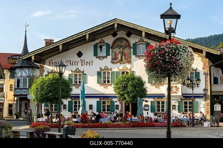 Hotel und Gasthof Alte Post with Lüftlmalerei, Oberammergau, Upper Bavaria, Bavaria, Germany-stock-foto