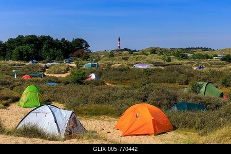 Lighthouse Amrum, Amrum Island, Lighthouse, Blooming Heath, Camping ground, North Sea, North Frisian Island, Schleswig-Holstein, Germany-stock-foto