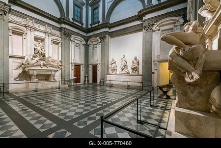 Tombs of Giuliano de' Medici, left, and Lorenzo di Piero de' Medici, right, architect and sculptor Michelangelo Buonarroti, Sagrestia Nuova, New Sacristy, Cappelle Medicee, Medici Chapels, San Lorenzo, Florence, Tuscany, Italy-stock-foto