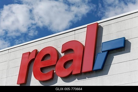 Logo of the supermarket chain Real, formerly Metro AG, Düsseldorf, North Rhine-Westphalia, Germany-stock-foto