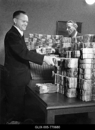 Men piling up money during the currency reform, historical photo, 21st June 1948-stock-foto