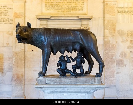 Bronze statue of the Capitoline Wolf, Lupa Capitolina, undated, Romulus and Remus by Antonio Pollaiuolo, from the Renaissance, Capitoline Museums, Capitoline Hill, Rome, Lazio, Italy-stock-foto