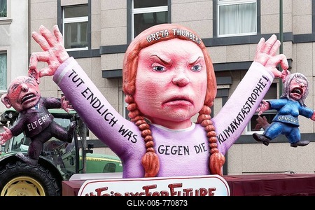Motto car by Jacques Tilly, figure of climate activist Greta Thunberg, Fridays for Future student movement, Carnival Monday procession 2019, Düsseldorf, North Rhine-Westphalia, Germany-stock-foto