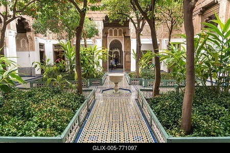 Courtyard with fountain in the palace of Bahia, Marrakech, Morocco-stock-foto