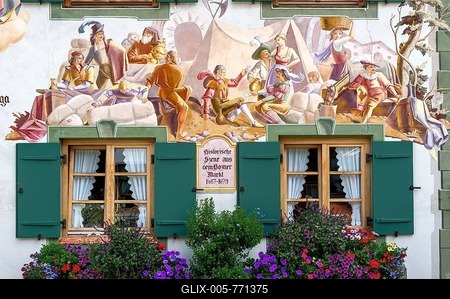 Lüftlmalerei, historical scene from Bolzano market, house "beim Gschoaga", Mittenwald, Werdenfelser Land, Upper Bavaria, Bavaria, Germany-stock-foto