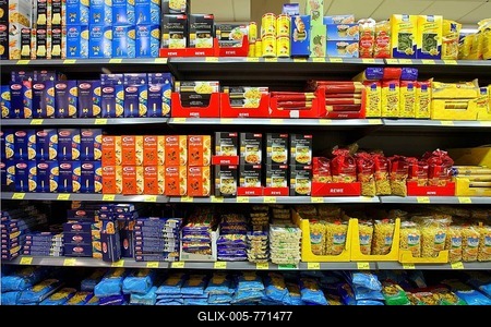 Shelves with various types of pasta, self-service, food department, supermarket, Germany, Europe-stock-foto