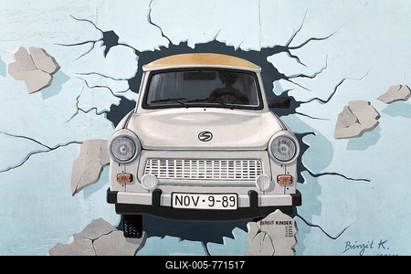 Birgit Kinder, Trabant or Trabi breaking through the Berlin Wall, painting by Birgit Kinder, East Side Gallery, Friedrichshain district, Berlin, Germany, Europe-stock-foto