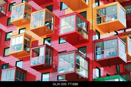 Colorful residential tower, Ting 1, with balconies and colourful facades, detail, architect Gert Wingårdh, Örnsköldsvik, Västernorrland County, Ångermanlan Province, Sweden-stock-foto