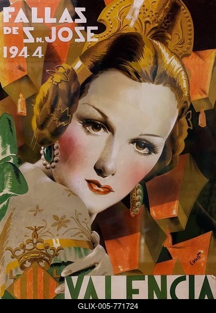 Historical poster for the Valencian Spring Festival Fallas, woman portrait, Museo Fallero, Valencia, Spain-stock-foto