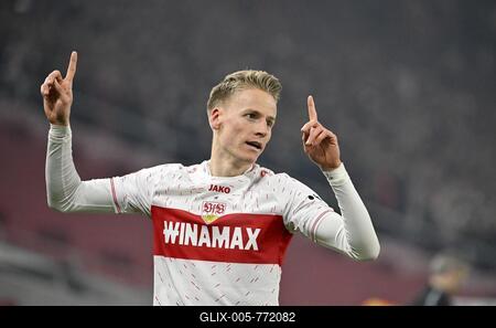 Goal celebration Chris Führich VfB Stuttgart (27) Gesture Gesture MHPArena, MHP Arena Stuttgart, Baden-Württemberg, Germany-stock-foto