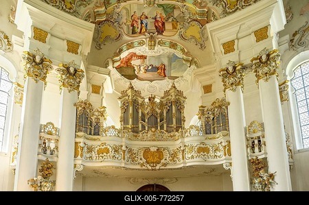 Music gallery with organ, Wieskirche, Steingaden, Pfaffenwinkel, Upper Bavaria, Bavaria, Germany-stock-foto